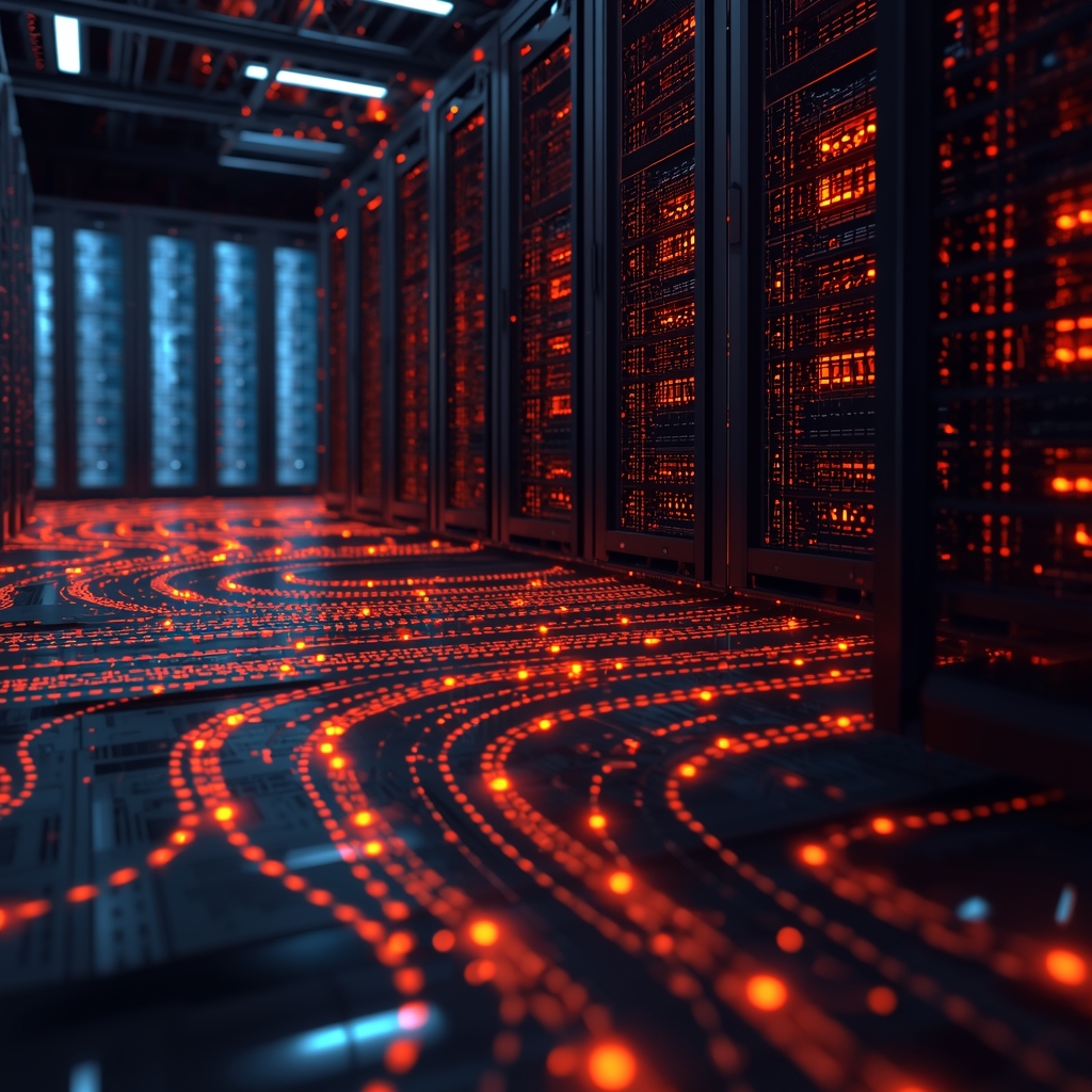 Complex server architecture with abstract glowing data streams flowing, deep machine learning processes, high tech datacenter